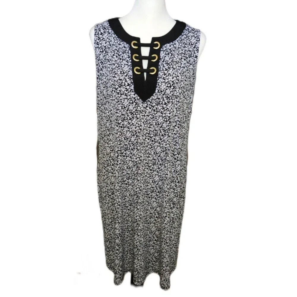 Michael Kors Black & White Floral Sleeveless Mini Dress, Lace Up Yoke, L